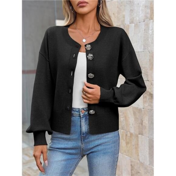 Knit Cardigan – Premium Button-Up Sweater with Lantern Sleeves - Picture 3 of 5